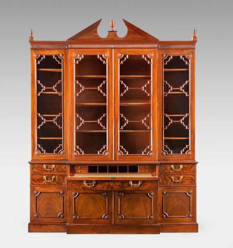 British Chippendale Period Mahogany Breakfront Library Bookcase For Sale