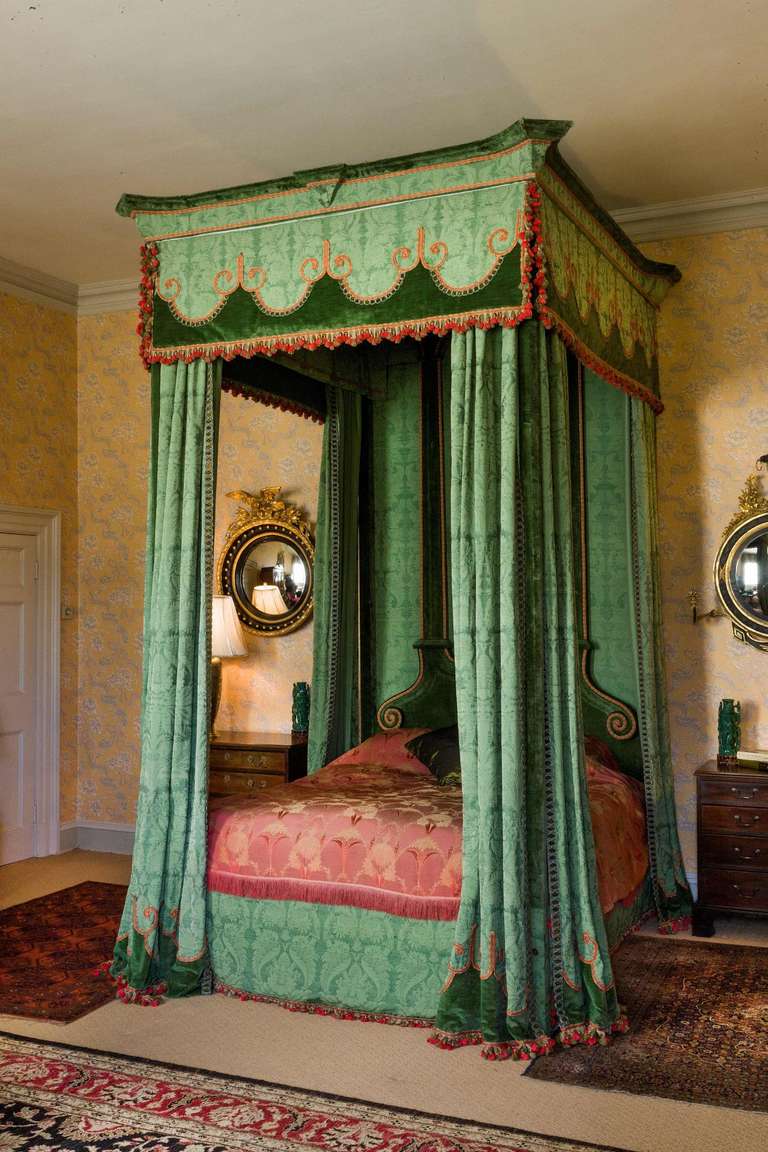 Imposing 17th century style Four Poster Bed, the headboard with scrolls and a pair of tapering uprights recovered in the 1920s.

Please note: Only the items in and on the bed are for sale. Any mirrors, carpets and cabinets etc shown in the photos