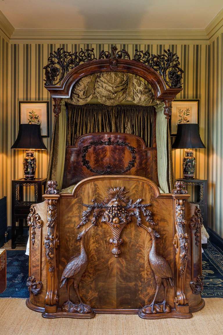 The Heron Bed, a magnificent mahogany Half Tester Bed, attributed to Blanes of Liverpool and presumably made for an Exhibition. The whole with quite outstanding carving and in excellent overall condition.

Please note this bed has a new custom