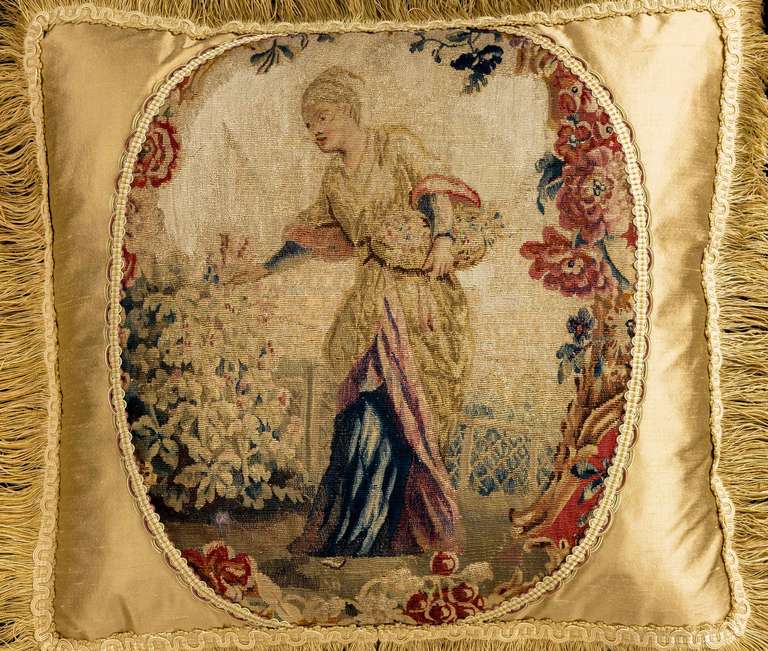 French Cushion: Mid-18th Century, Wool and Silk. A Young Lady Gathering Flowers