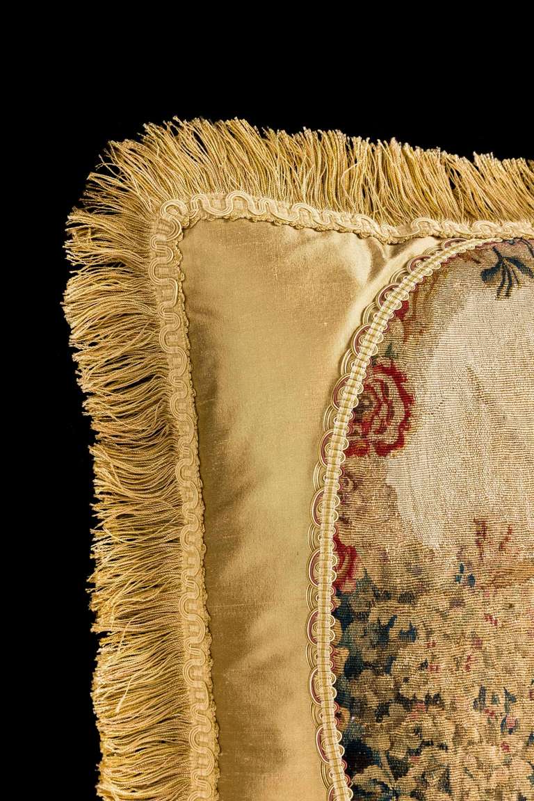 Cushion: Mid-18th Century, Wool and Silk. A Young Lady Gathering Flowers In Excellent Condition In Peterborough, Northamptonshire