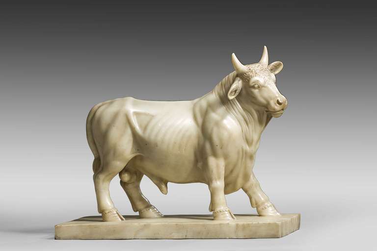 A very good late 19th century Italian alabaster model of a bull, well modelled standing on a plinth. 

Alabaster is a name applied to varieties of two distinct minerals, when used as a material: Gypsum (a hydrous sulfate of calcium) and calcite, a