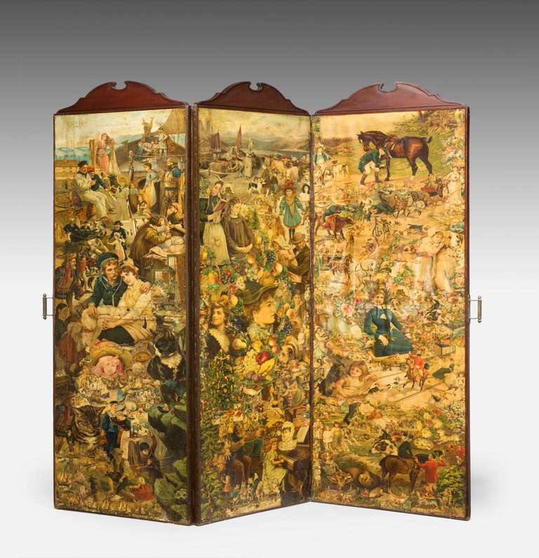 19th century three-fold decalcomania screen in good condition..

Decalcomania was invented in England, circa 1750 and imported into the United States at least as early as 1865. Its invention has been attributed to Simon François Ravenet, an