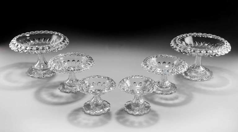 A fine suite of 19th century six graduated comports (large 11 ins, medium 8.25 ins, small 6.5 ins in diameter), the bowls with lozenge decoration on faceted radiating sunburst stems.

