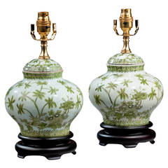 Vintage Pair of 20th century Clobbered Porcelain Vase Lamps