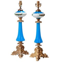 Pair of French Opaline Oil Lamps