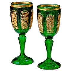 Antique Pair of Bohemian Dark Green Glass Goblets