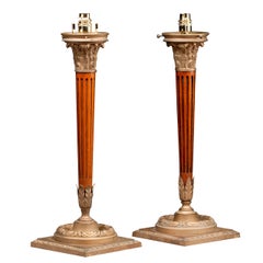 Pair of mid 20th century Mahogany and Gilt Bronze Column Lamps