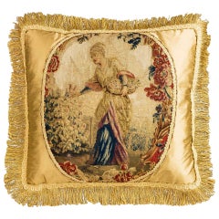 Cushion: Mid-18th Century, Wool and Silk. A Young Lady Gathering Flowers