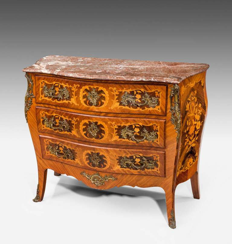 British Mid-19th Century Kingwood Marquetry Bombe Commode