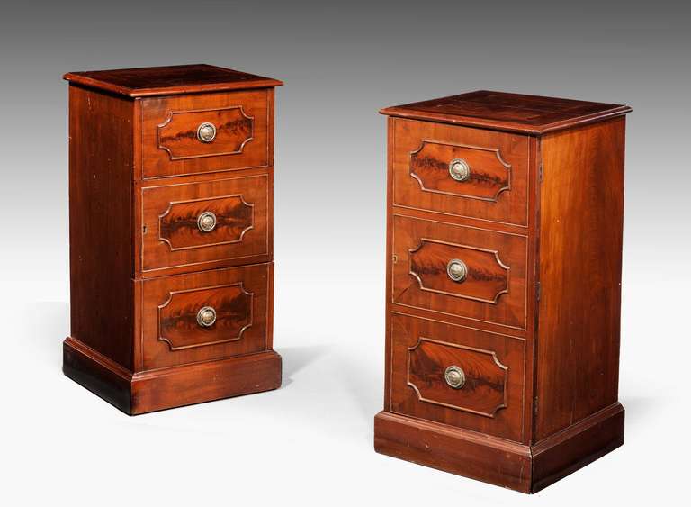 A fine pair of George III mahogany pedestal cupboards, the quartered fascade framing finely figured flame mahogany central sections, the interior with cellarette sections to one.
