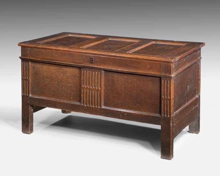 Good early 18th century paneled kist, the face with arcaded panels, with replacement hinges.

A kist (also called coffer or chest) is one of the oldest forms of furniture. It is typically a rectangular structure with four walls and a liftable lid,