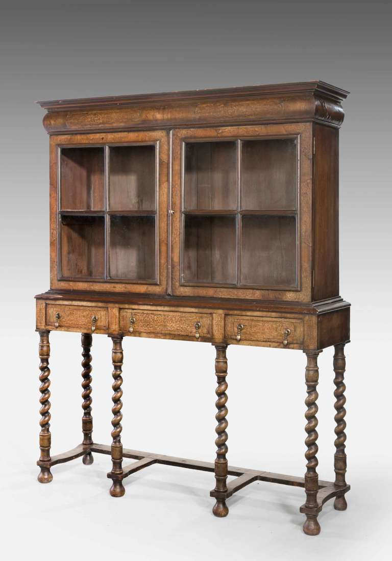 British William and Mary Style Marquetry Cabinet Bookcase
