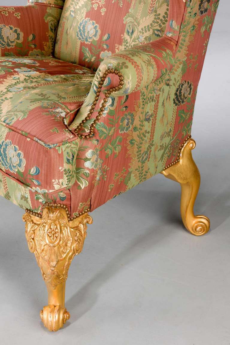 British Finely Carved 19th Century Giltwood Wing Chair