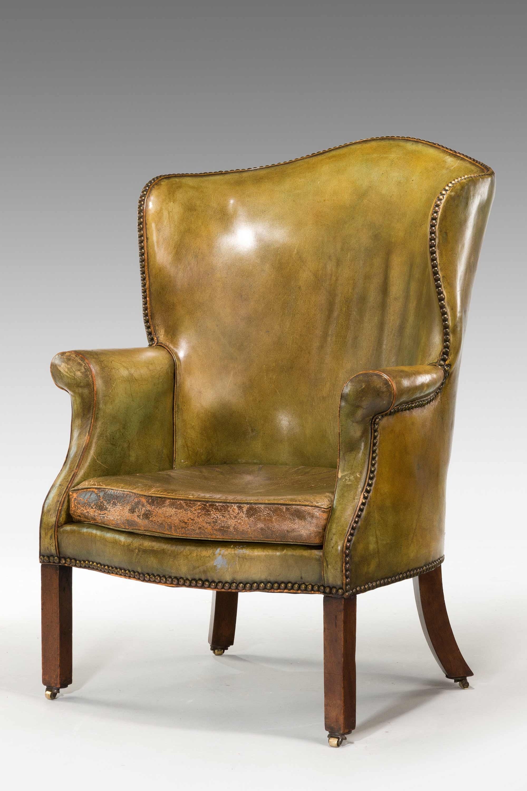 George III Period Wing Chair in Green Leather