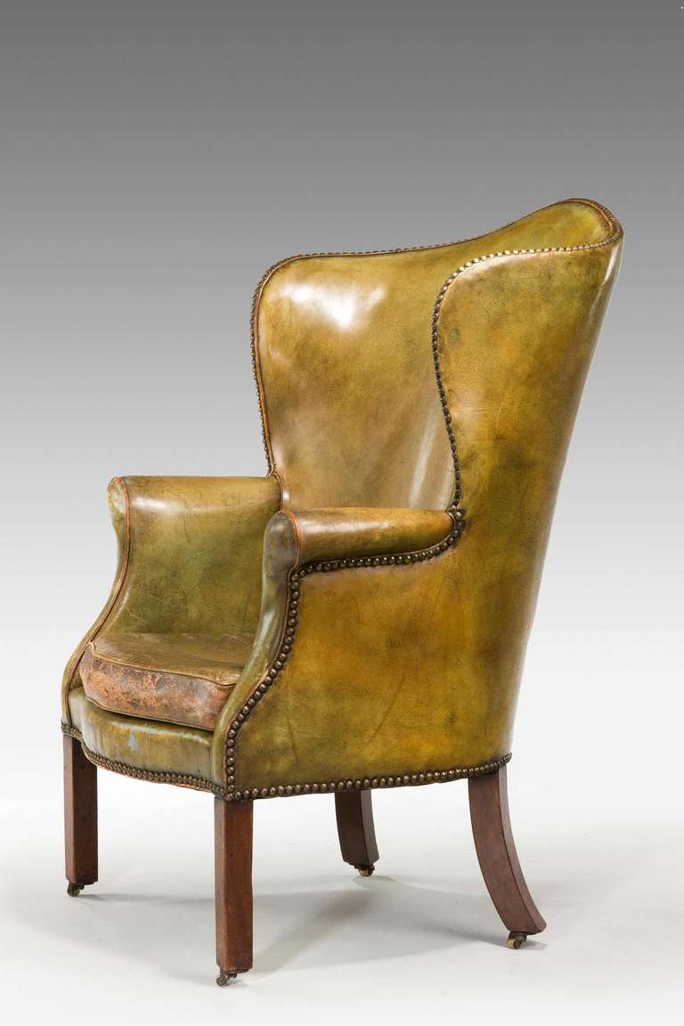 British George III Period Wing Chair in Green Leather