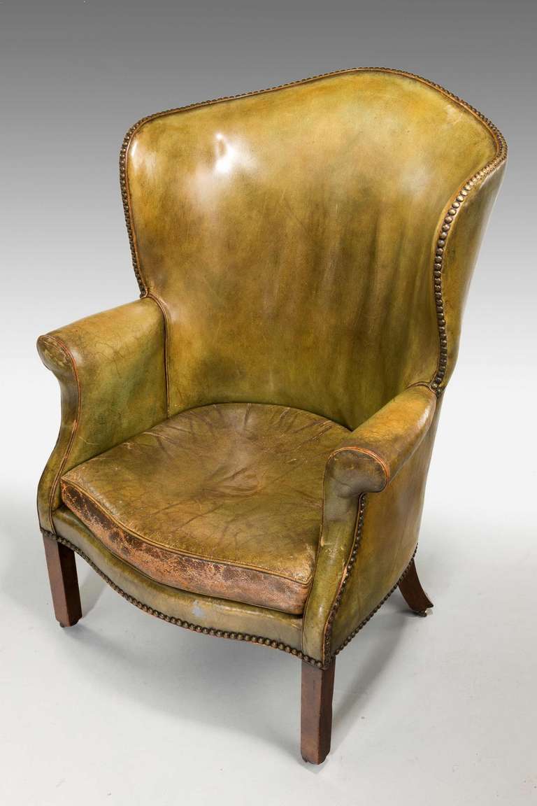 18th Century and Earlier George III Period Wing Chair in Green Leather