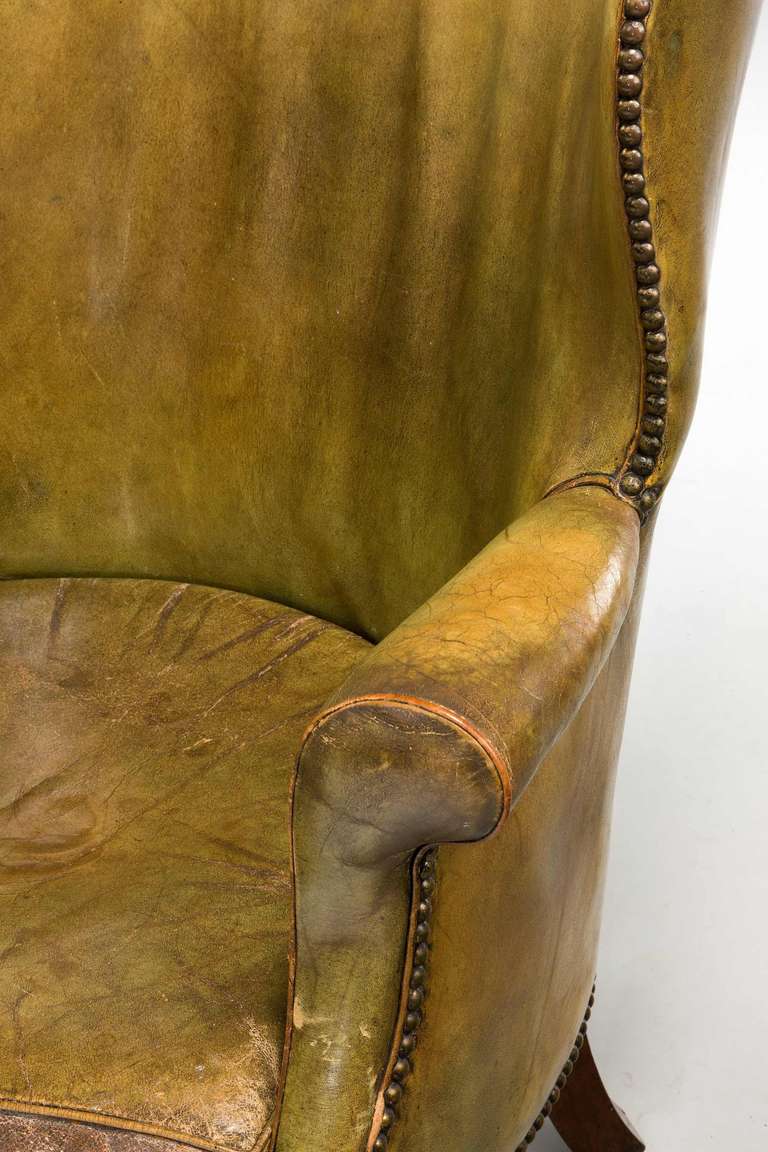 Mahogany George III Period Wing Chair in Green Leather