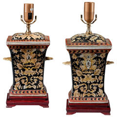 Pair of 20th century Crackle Ware Waisted Lamps