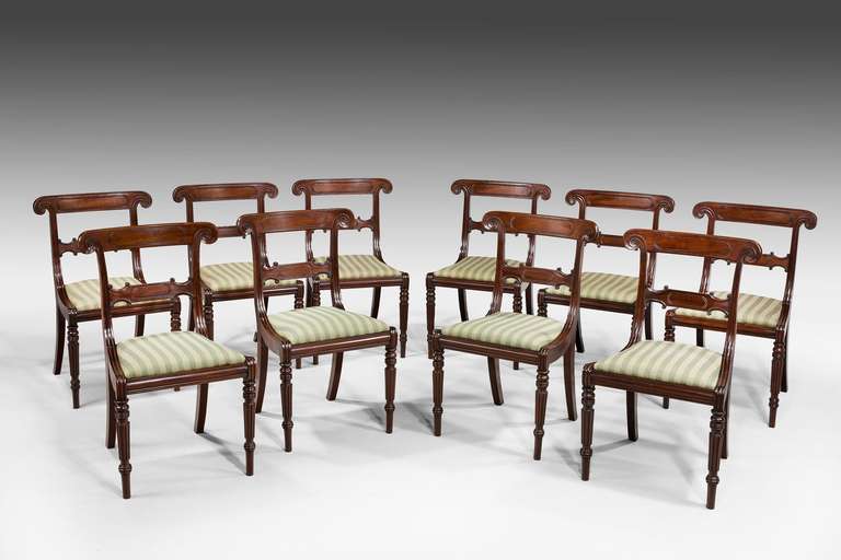 A composite set of ten (six +four) Regency period mahogany framed chairs, the timbers and cabinet work of the highest order. 

This set of chairs were in a private house in Cockermouth, Cumbria, until the mid-1970s and were almost certainly made