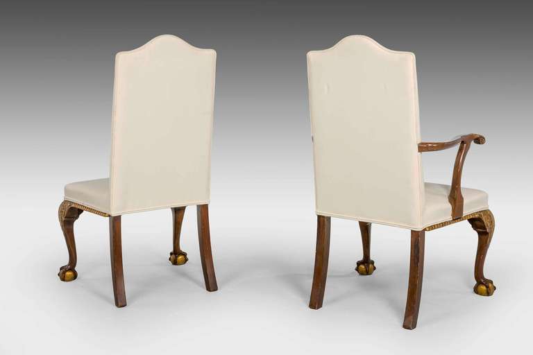 British Set of Eight Walnut and Parcel-Gilt Chairs