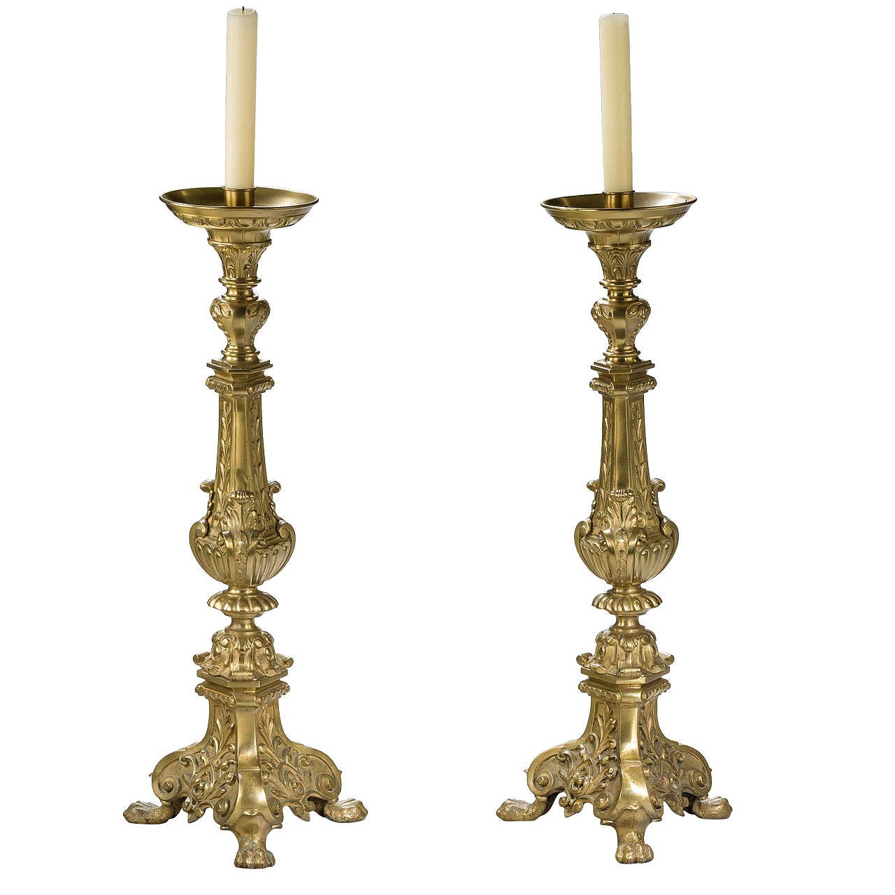 Massive Pair of 19th Century Gilt Brass Candlesticks For Sale at 1stdibs