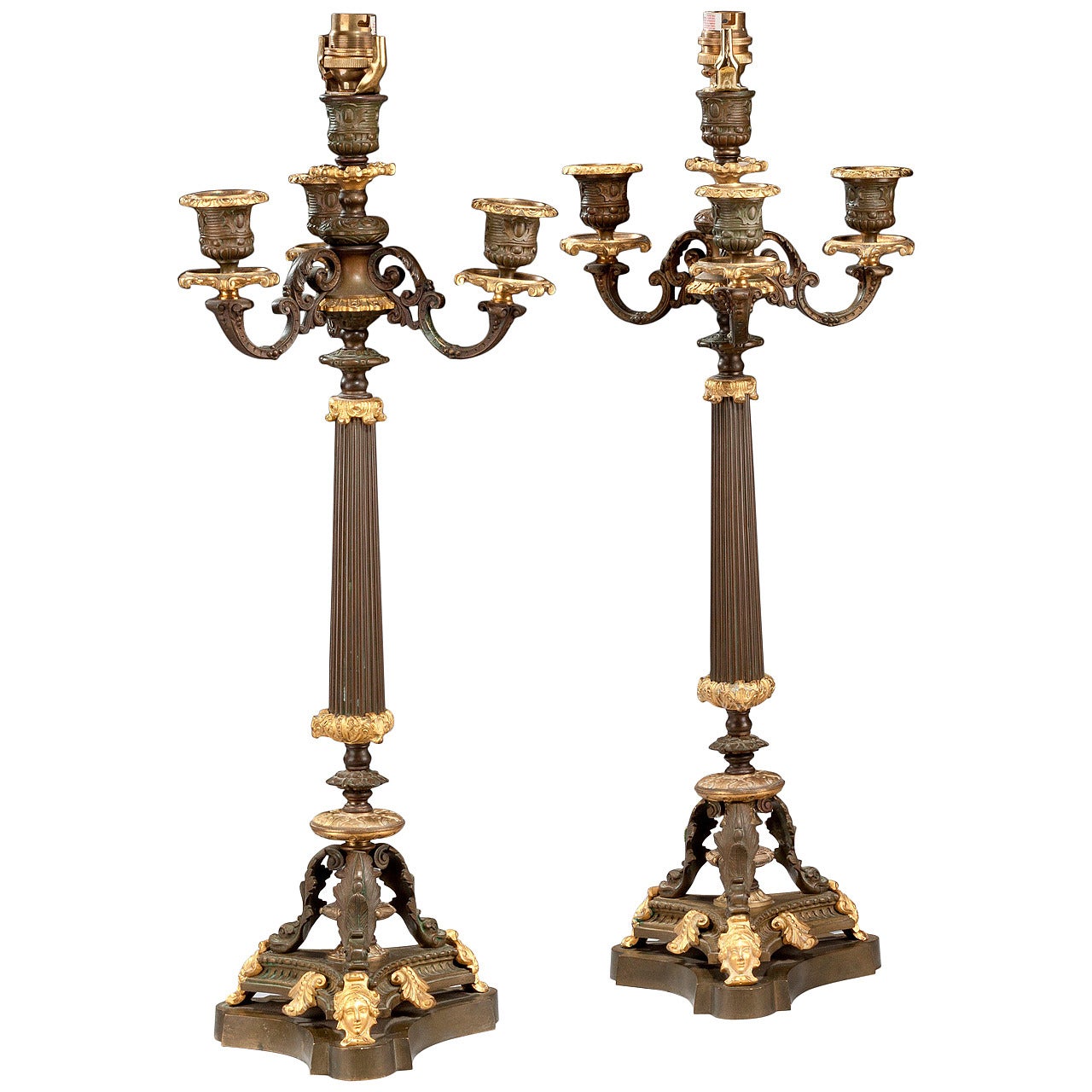 Pair of Bronze and Gilt Bronze Candelabra For Sale