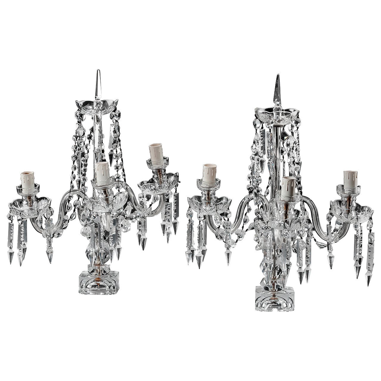 Pair of Three-Arm Glass Candelabra For Sale
