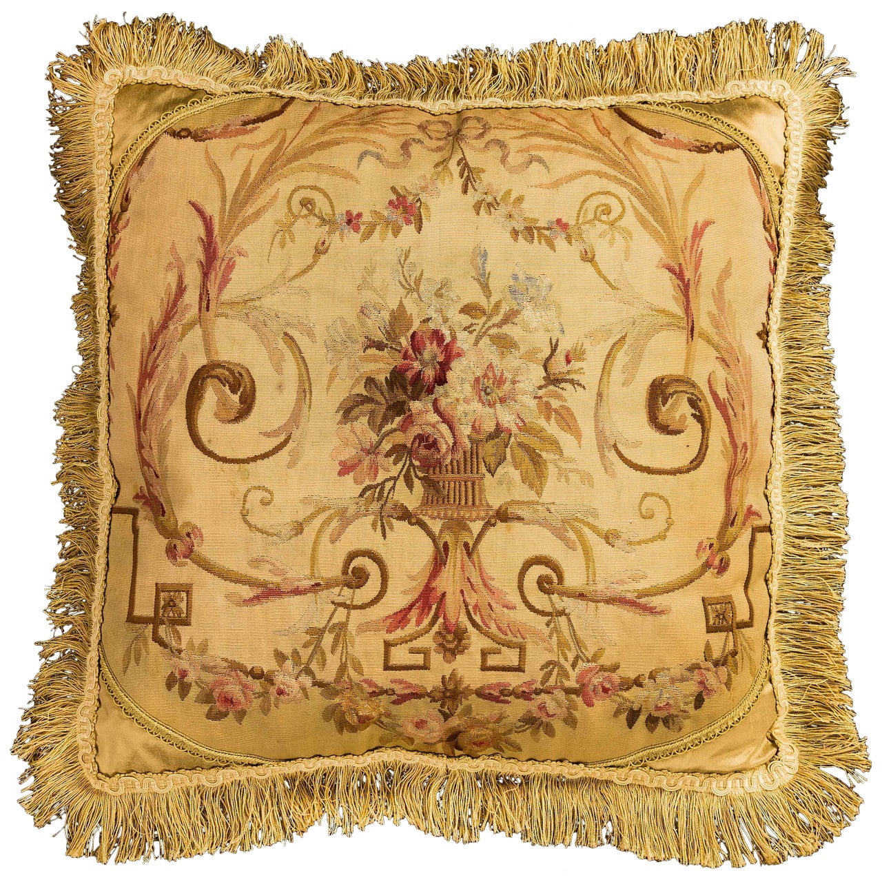 Cushion: Late 18th Century, Wool. Flowers in a Old Gold Framework