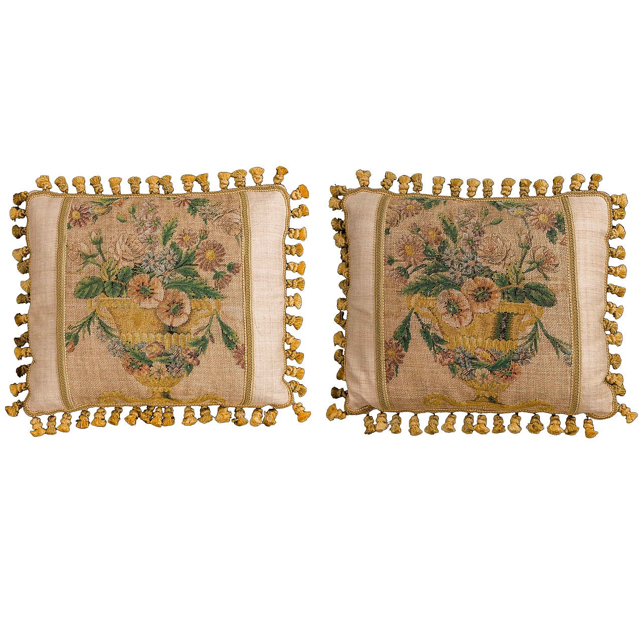Cushions: Early 19th Century Pair. Silk with Wool highlights