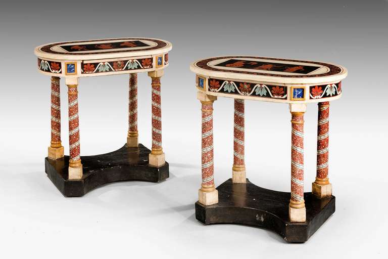 Pair of 1920s Italian polychrome decorated occasional tables, the freezes incorporating a single drawer within.

RR.