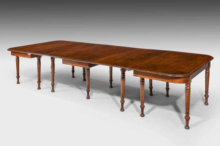 A late Regency period mahogany three-part dining table, the ends and centre section used together or separately. Turned baluster supports with shaped top edge. Beautifully figured timber.

The price of dining tables, Richard Gillow wrote in 1786,