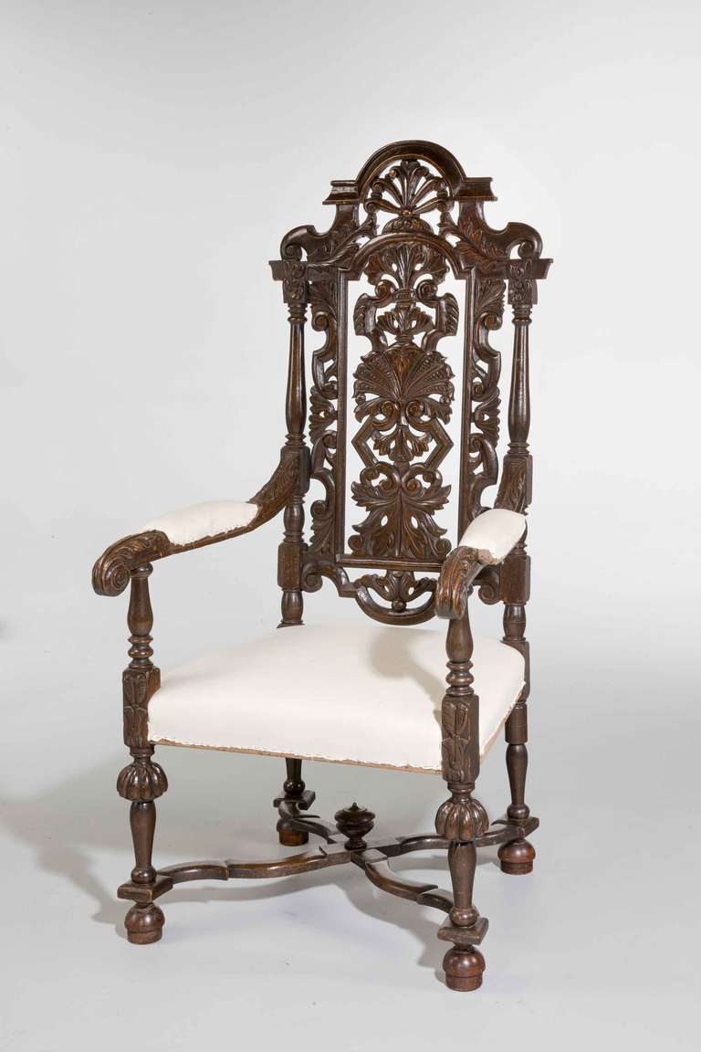British Set of Four 19th Century Carved Oak Armchairs