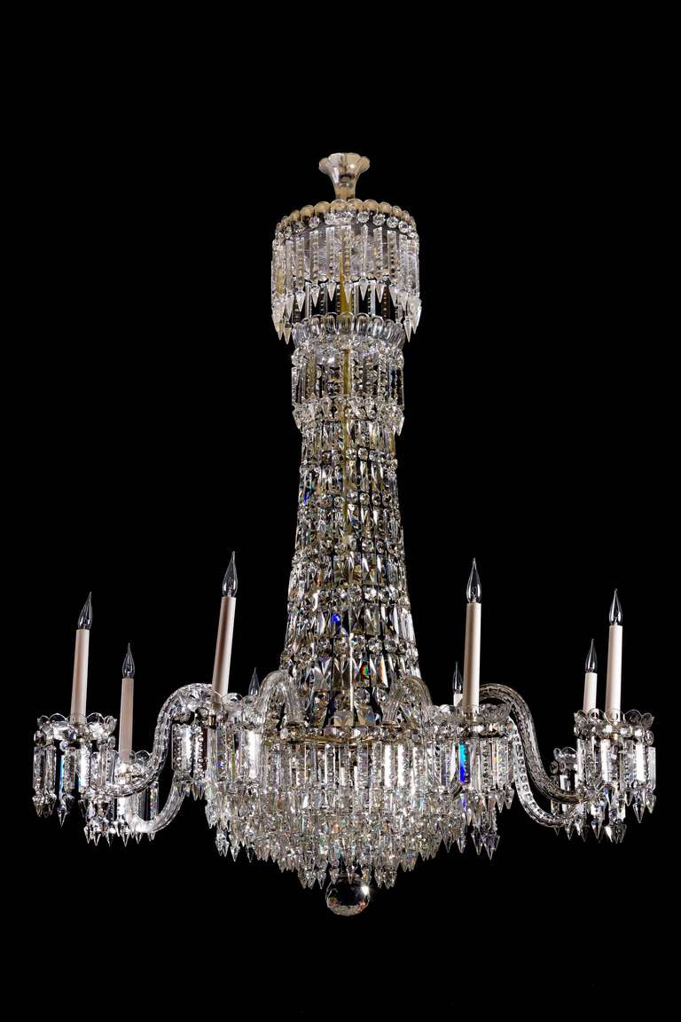 A 19th Century cut glass eight arm Chandelier, the top section of two tiers of lustre drops over a base heavily hung with prismatic drops, over all most elegant.