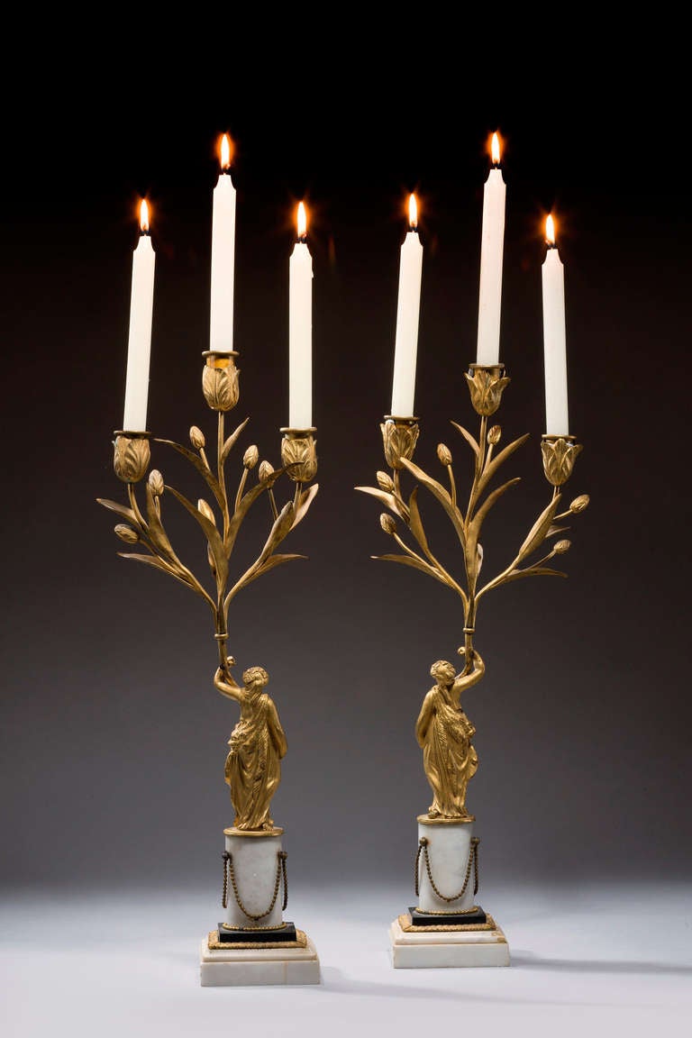Pair of Louis XVI gilt bronze, bronze and contrasting marble three-arm candelabra, retaining original gilding.