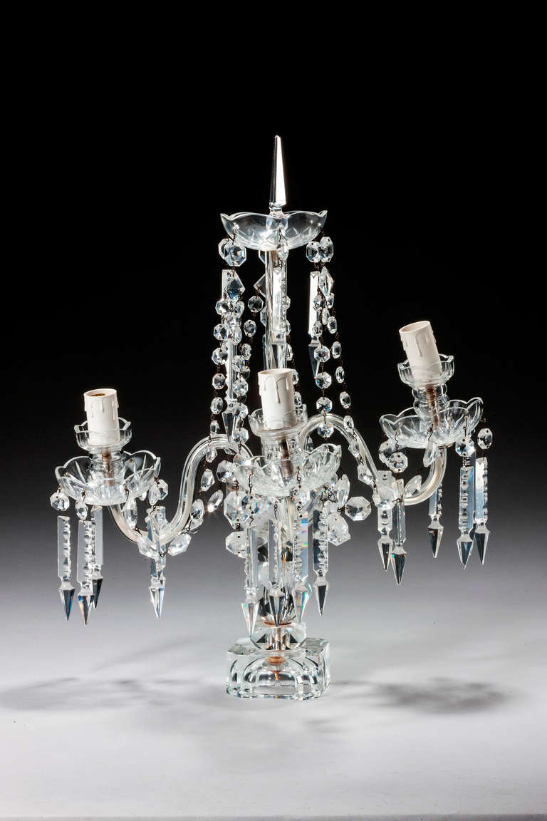 Pair of late 19th century three-arm glass candelabra with delicate lustre.