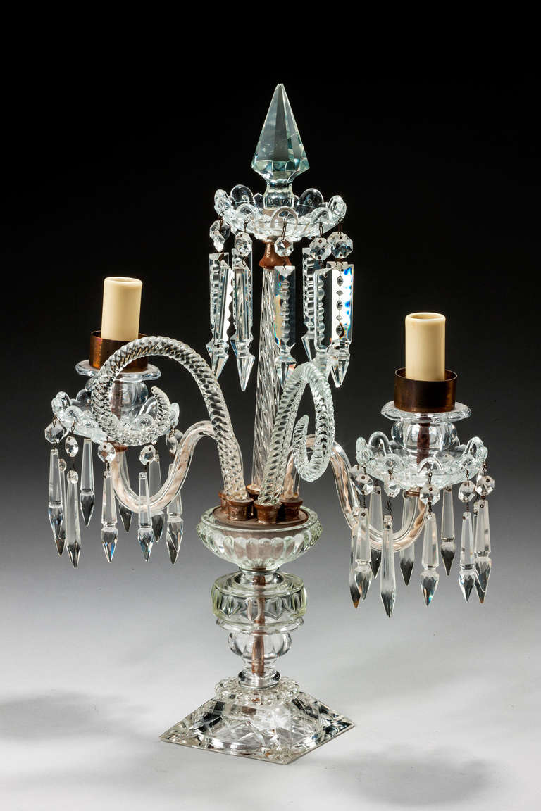 Pair of cut glass candelabra. Trumpet shaped.
