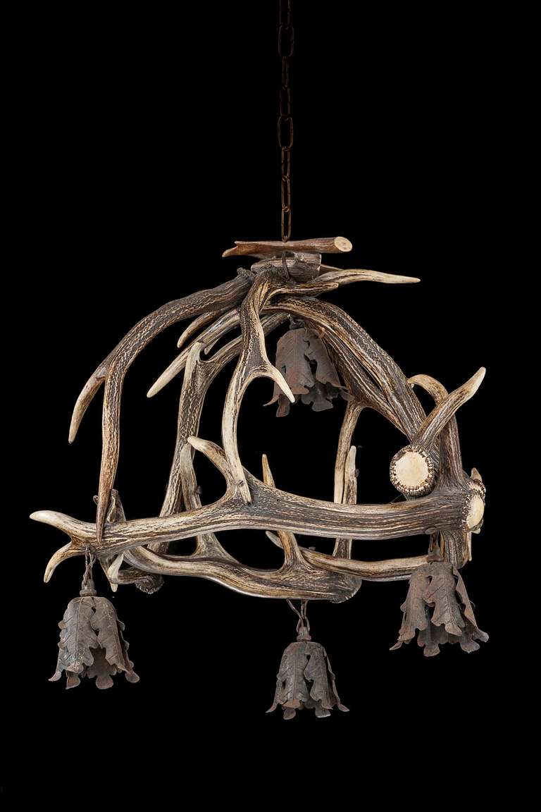 British Early 20th Century Stag's Horn, Four-Light Chandelier