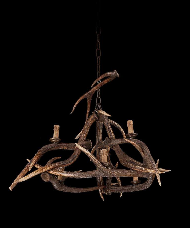 British Early 20th Century Stag's Horn, Six-Light Chandelier
