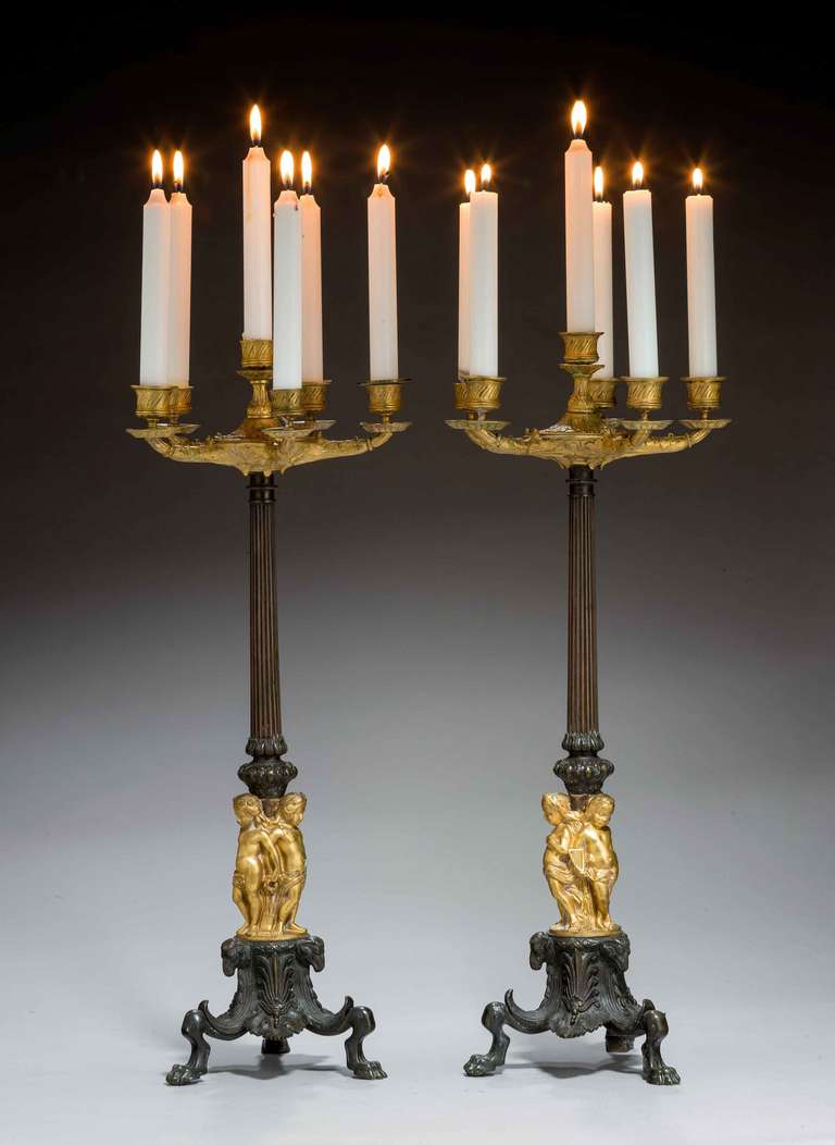 A most attractive pair of 19th century bronze and gilt bronze six-arm candelabra, all sections with well cast and chiselled decoration, the base with three gilt bronze putti over paw feet.