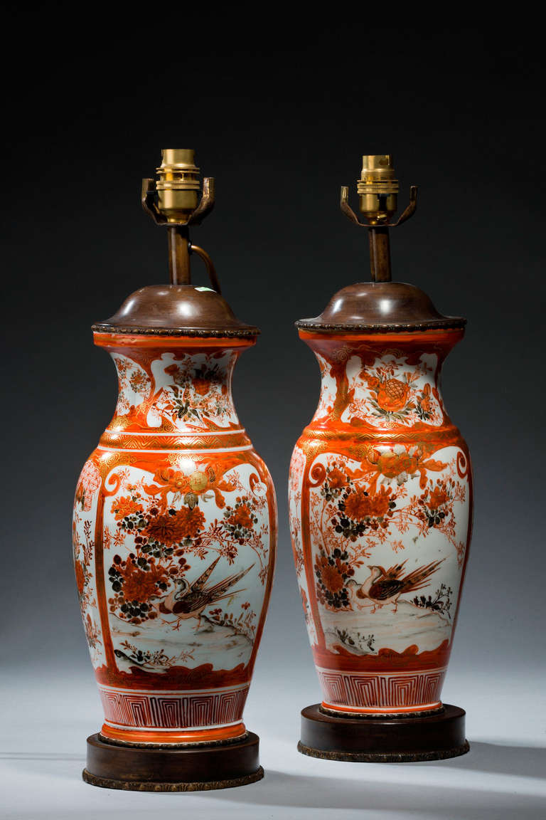 Pair of Japanese porcelain ovoid Meiji period vase lamps, decorated with birds and foliage now with patinated bronze bases.

The Meiji period (明治時代 Meiji-jidai?), also known as the Meiji era, is a Japanese era which extended from September 1868