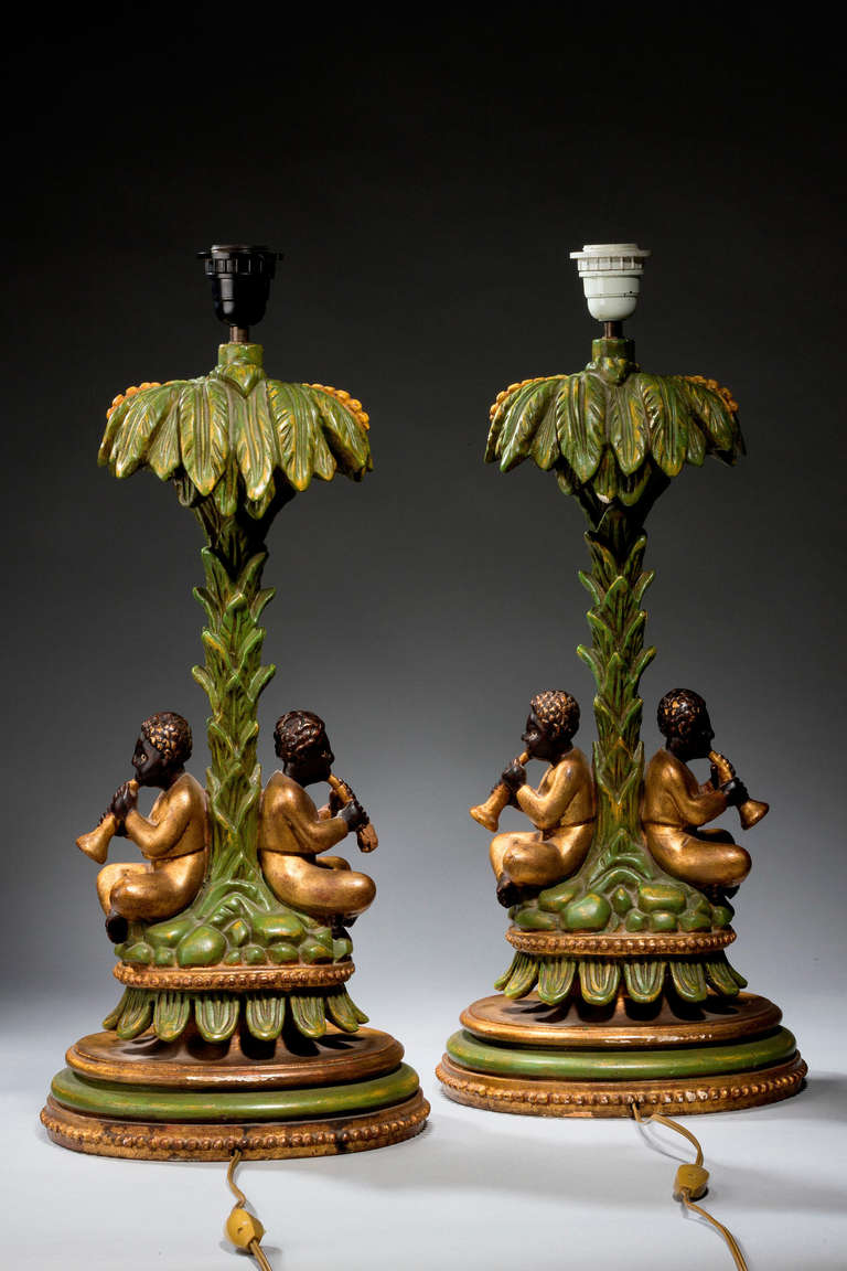 Italian Pair of Mid-20th Century Lamps, Children Playing Horns