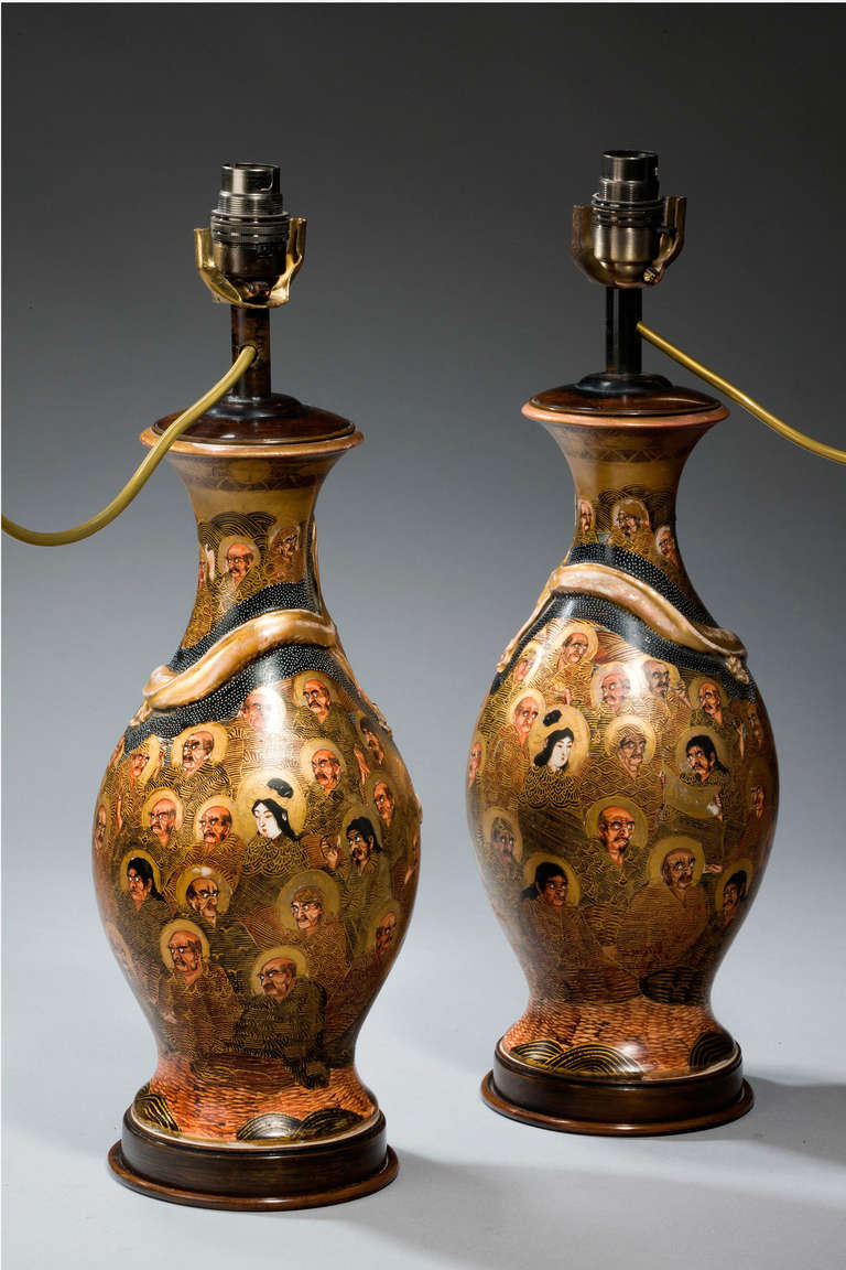 Pair of ovoid Japanese Satsuma Vases with well painted portrait figures in gold relief. Now as Lamps with bronze mounts.

Shades are not included in the price of our lamps. We do have a competitively priced range of shades for all of our lamps.
