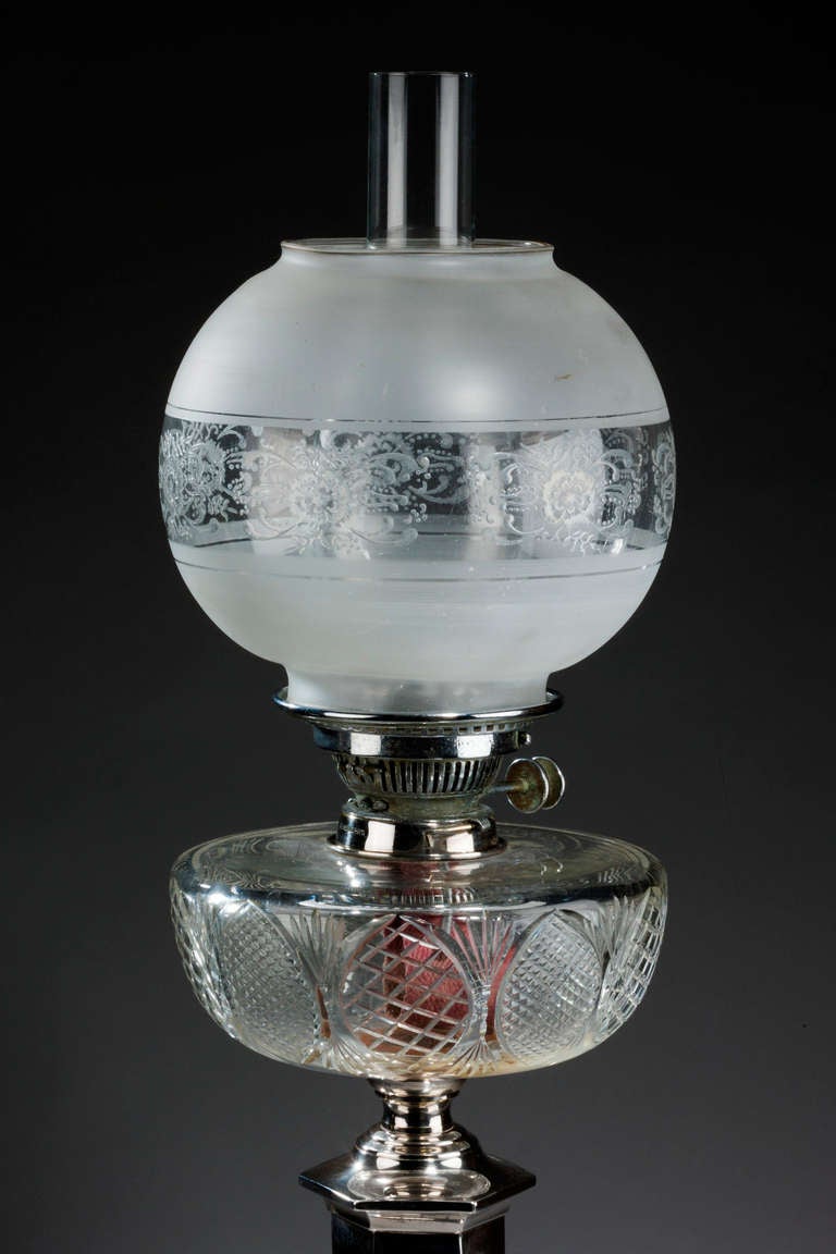 English silver hexagonal lamp with finely cut period bowl and etched shade. Inscription engraved to the base as follows:- Presented to Dr J B Johnson by some grateful officers past and present. Dumbarton House Convalescent Hospital, March 31st