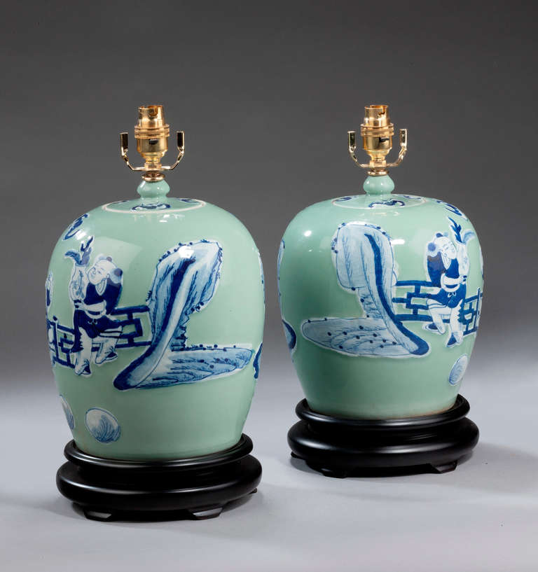 Pair of green ground ovoid lamps with amusing oriental figures. Modern.

Shades are not included in the price of our lamps. We do have a competitively priced range of shades for all of our lamps. Please ask for details with your inquiry or