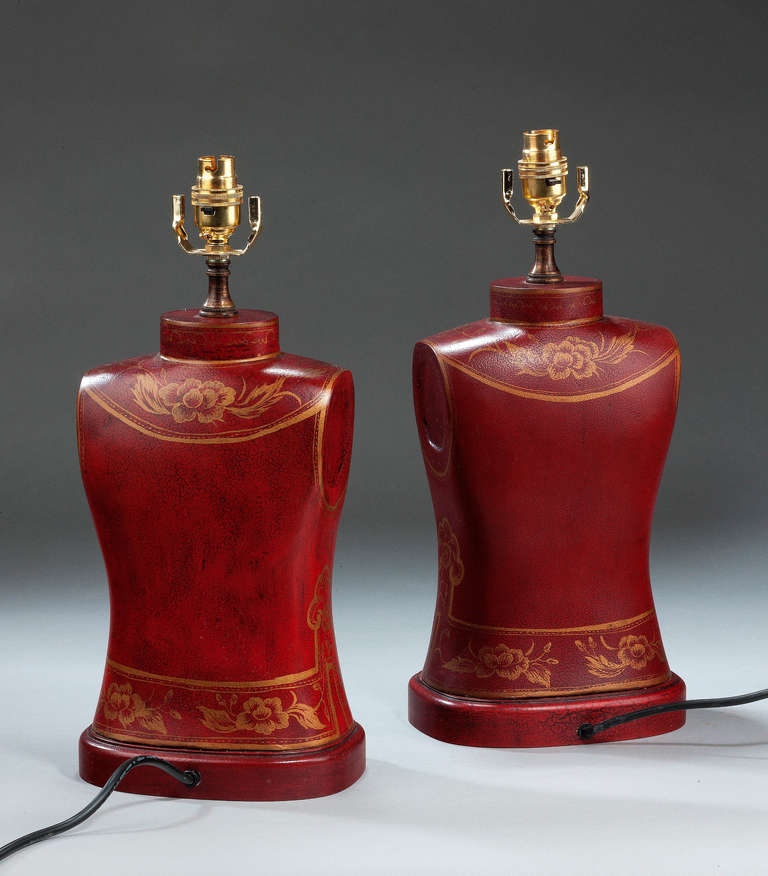 Pair of unusual torso shape lamps with iron red decoration and softly gilded detailing. Modern.

RR

Shades are not included in the price of our lamps.