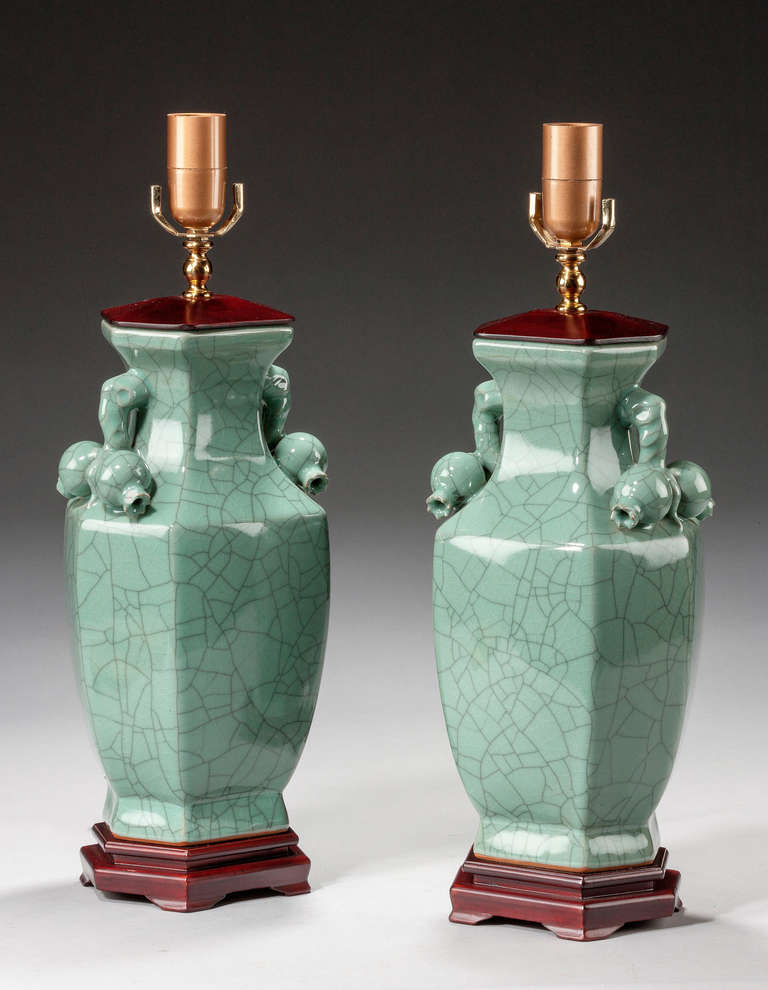 Pair of Celadon Crackle Ware Vase Lamps