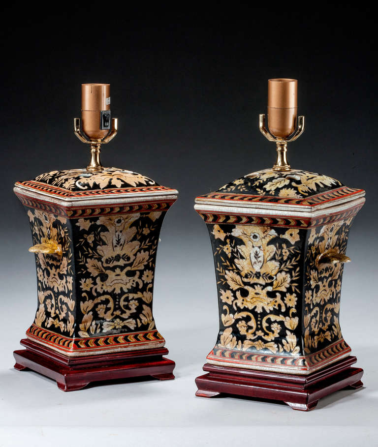 Pair of crackle ware waisted square section pot pourri lamps, with enamelled decoration. Modern.

RR.