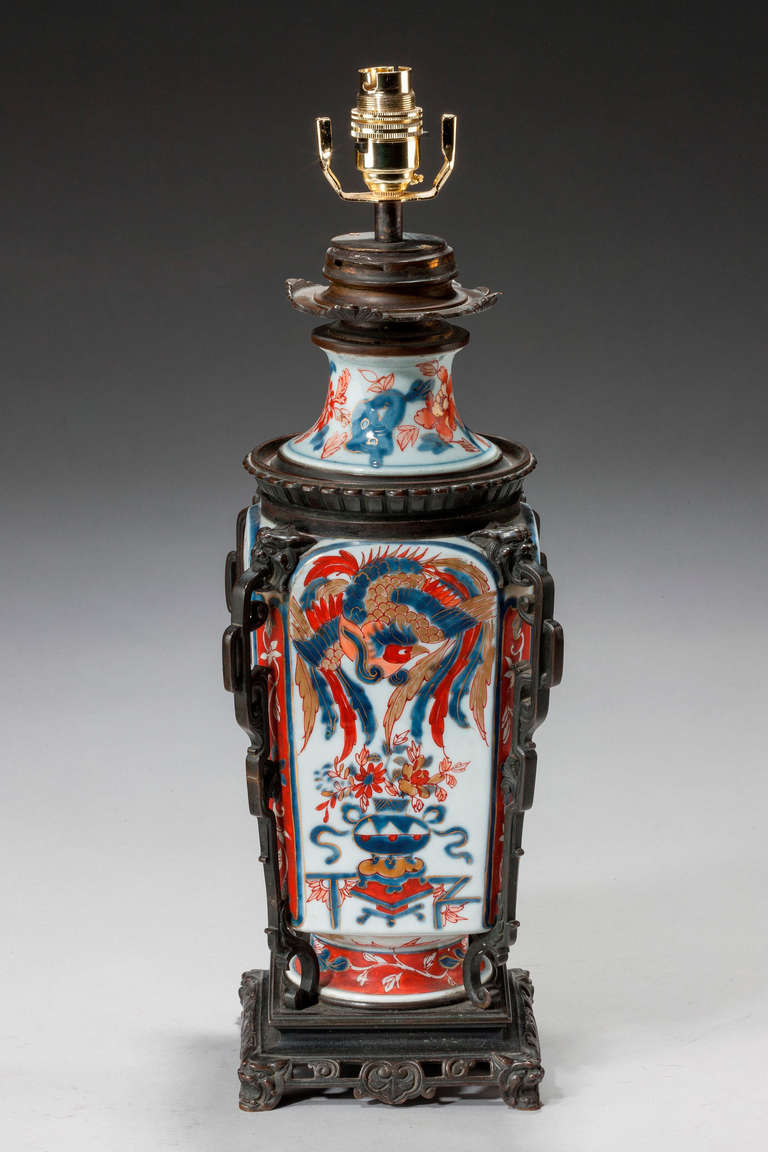 An Imari square section vase lamp, with elaborate cast bronze mounts.

Imari began to be exported to Europe, because the Chinese kilns at Ching-te-Chen were damaged in the political chaos and the new Qing dynasty government stopped trade in