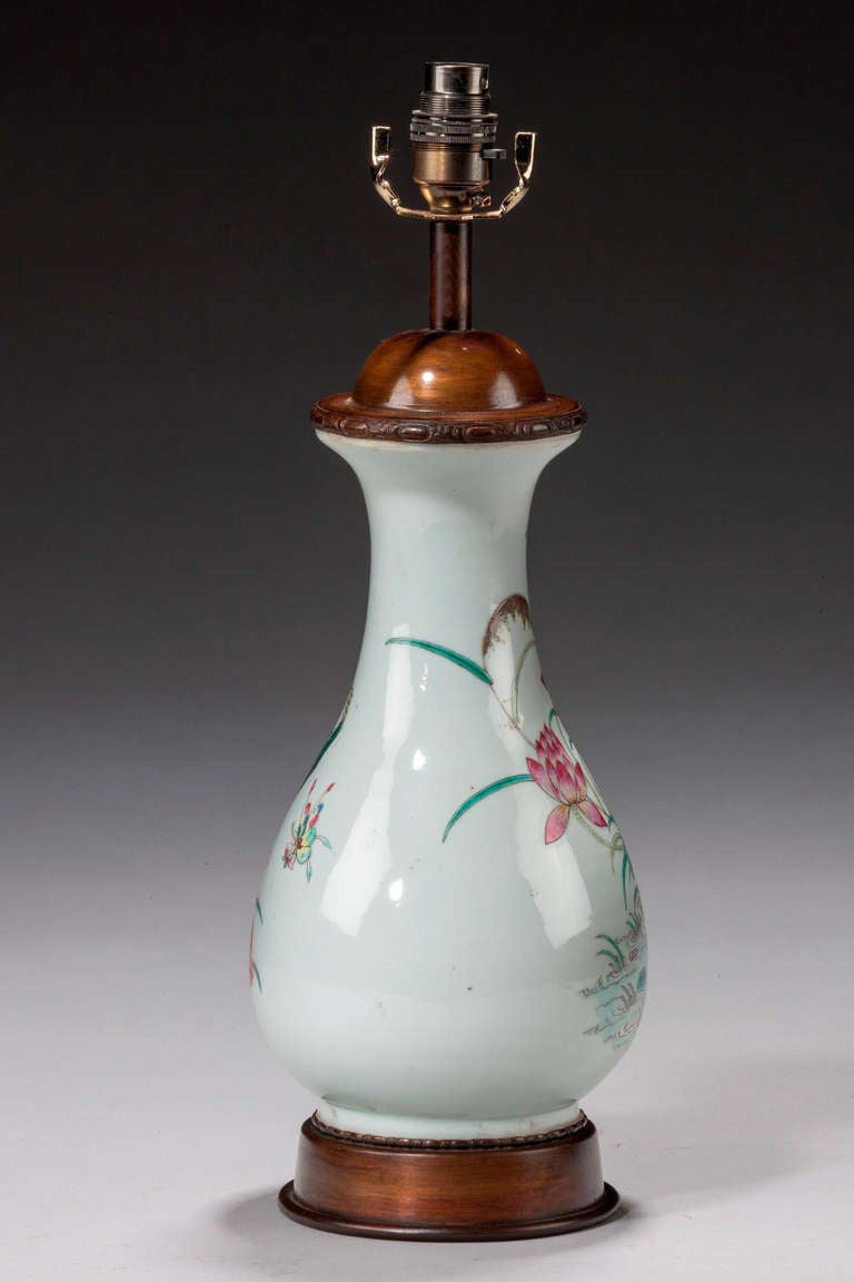 Late 19th century Canton porcelain vase lamp, with exotic ducks and water flowers.Wonderful glaze and colors.

Canton porcelains are Chinese ceramic wares made for export in the 18th to the 20th centuries. The wares were made, glazed and fired at
